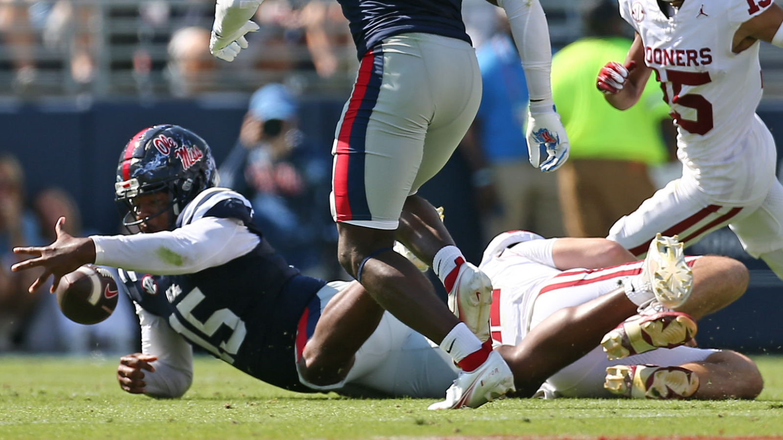 Watch: Ole Miss DE obliterates Oklahoma QB on forced fumble