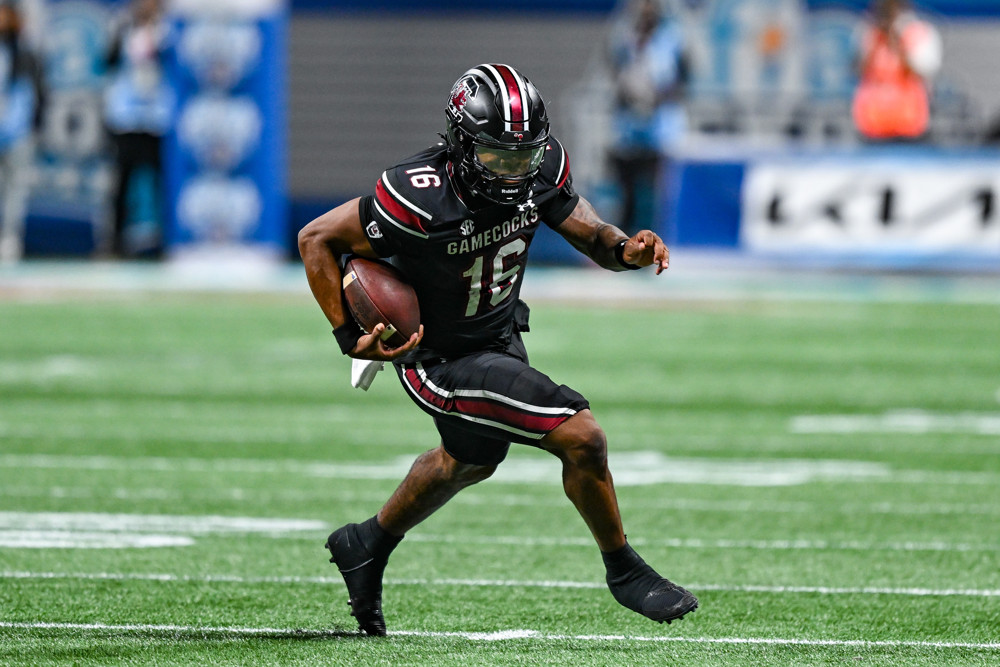 LaNorris Sellers takes off in a Saturday football game, part of why he's featured in the 2026 2-Round Superflex Rookie Mock Draft