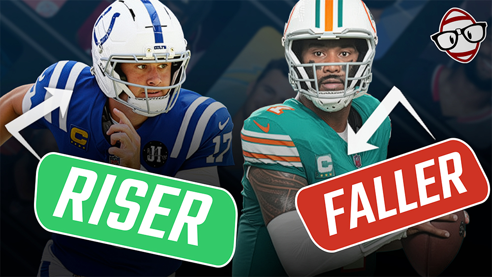 Risers and Fallers thumbnail for a dynasty fantasy football podcast.