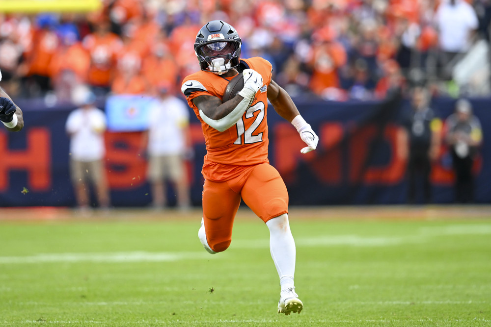 RJ Harvey breaks loose from the pile as he explodes down the field, earning himself a spot in the dynasty fantasy football RB backups to target for 2025.