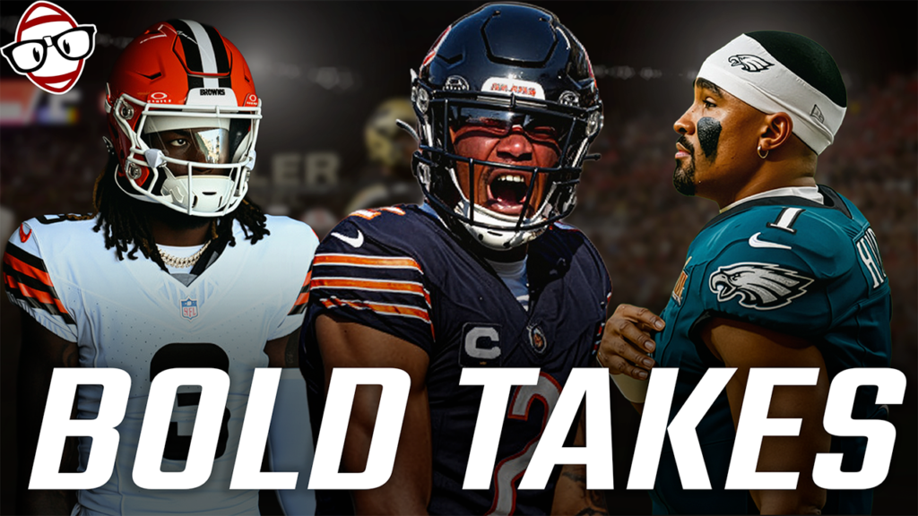 Bold takes thumbnail featuring Jerry Jeudy, Jalen Hurts, and D.J. Moore