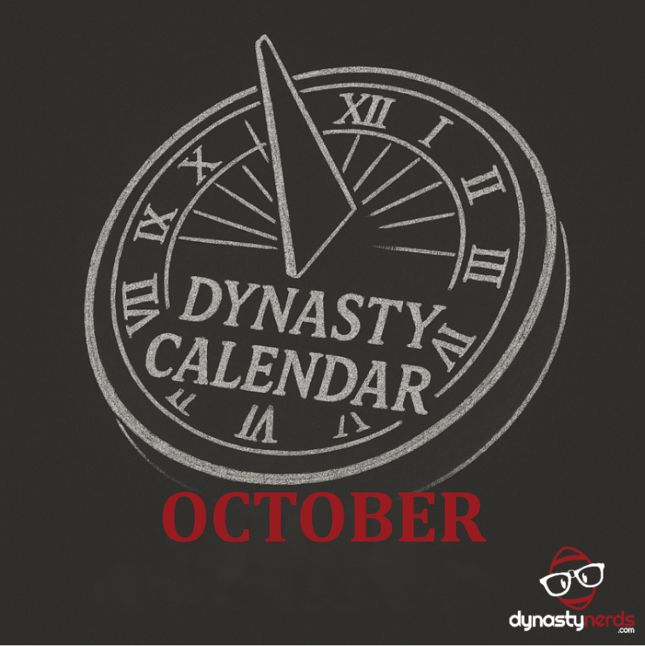 October Dynasty Fantasy Football Calendar Feature Image Sundial with dark red lettering on a chalkboard with a Dynasty Nerds logo.