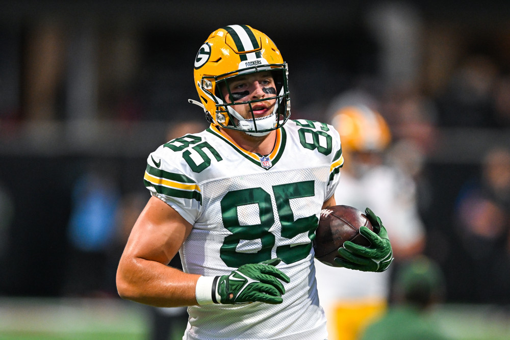 Tucker Kraft finishes a play and prepares to be featured in the Week 3 fantasy football trade advice